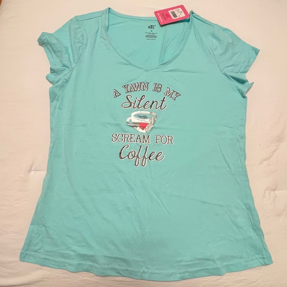New with tags Sleep Riot turqoise blue Coffee graphic sleep shirt. Size medium